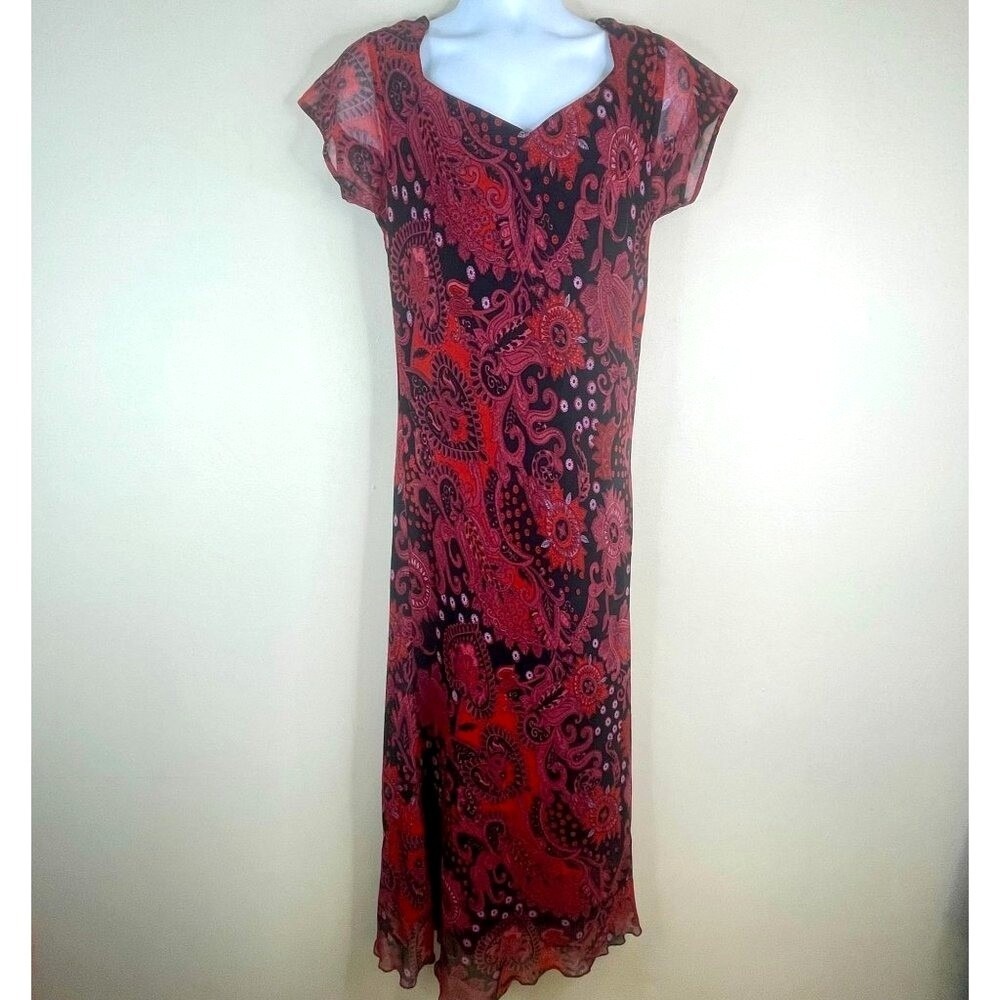 Vintage Y2K Whimsigoth Floral Dress Womens Large Midi Sheer Sleeve Flowy Paisley